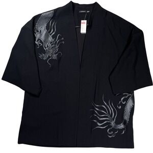 New‎ Natori Women's Black Dragon Appliqué Open Short Sleeve Blazer Jacket Sz XL